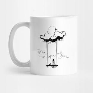 The girl sitting with her cat under a cloud Mug